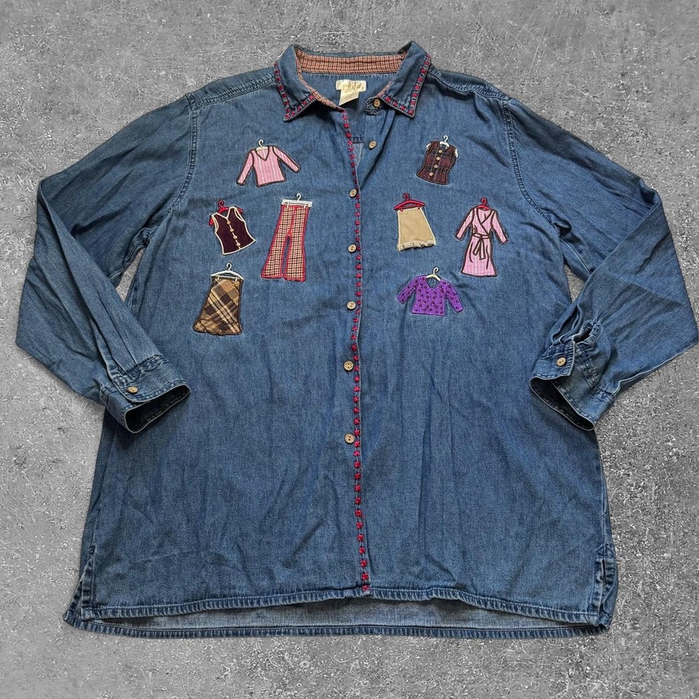 Bobbie Brooks Womens XL Blue Denim Shirt Embroidered Clothing Items Long Sleeve